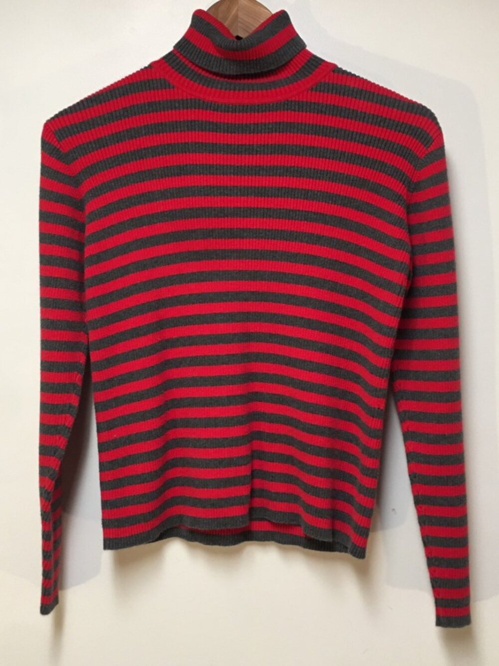 Vintage BellePointe Women M Sweater Red Striped Turtle‎ Neck Rubbed Knit Cotton